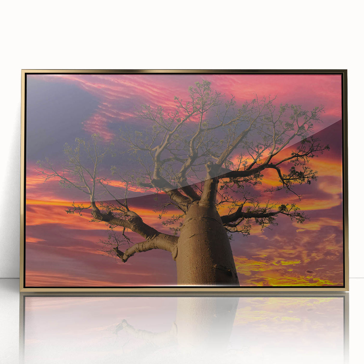 Mid-century modernist art of Madagascar scenery in gold acrylic frame, with muted earth tones, ideal for nursery wall art.
