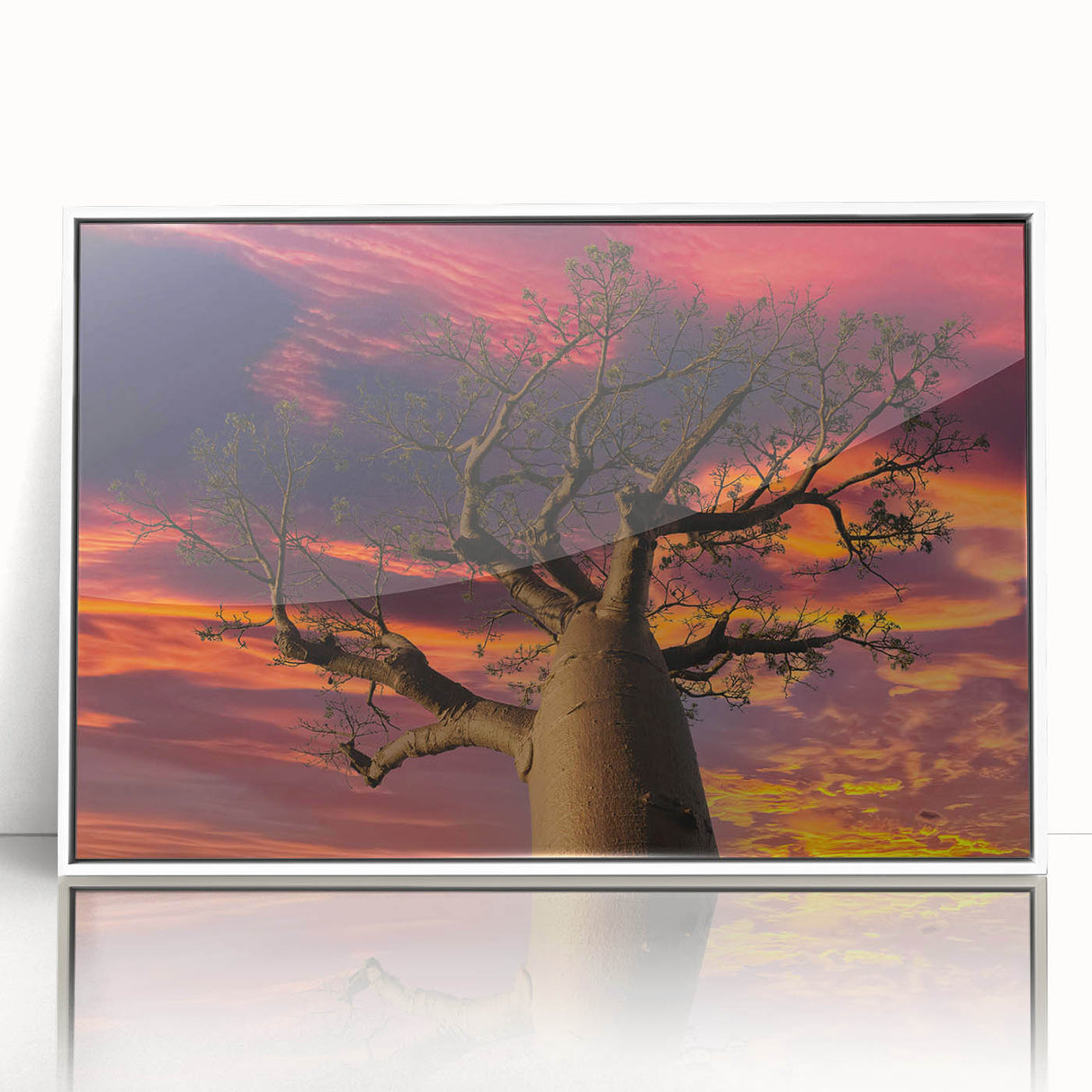 Acrylic print of Madagascar scenery with vivid green and earth tones in a mid-century modernist style.