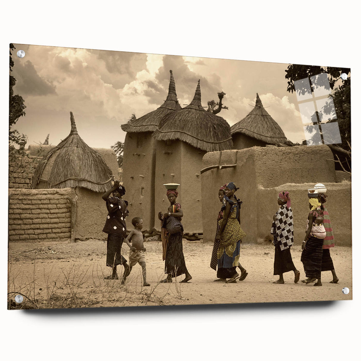 Large abstract depiction of Mali scenery in earthy tones on acrylic glass, suitable for bedroom or dining room decor.