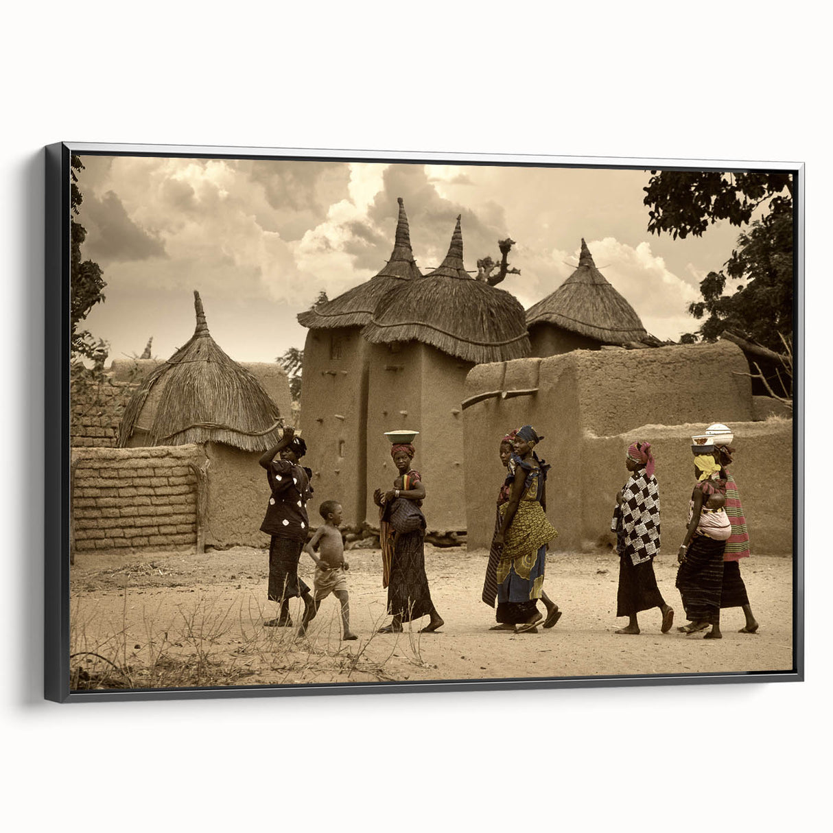 Black and white landscape art painting of a Mali scenery on framed canvas, suitable for bedroom wall decor.