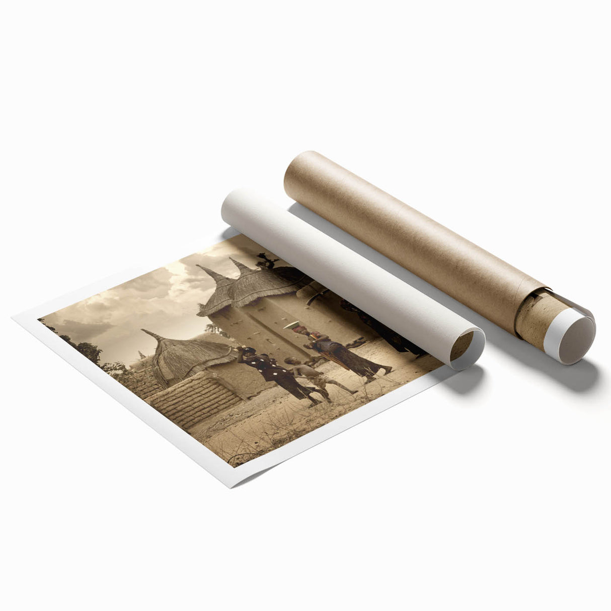 Extra large rolled print depicting a serene Mali landscape in muted earth tones, suitable as large living room wall art.