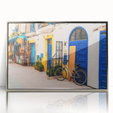 Art deco poster of Moroccan scenery in silver frame, acrylic print, ideal for modern art wall decor.