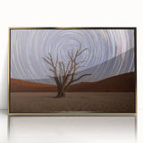 Mid-century modernist art depicting a serene Namibian landscape in muted earth tones, framed acrylic.