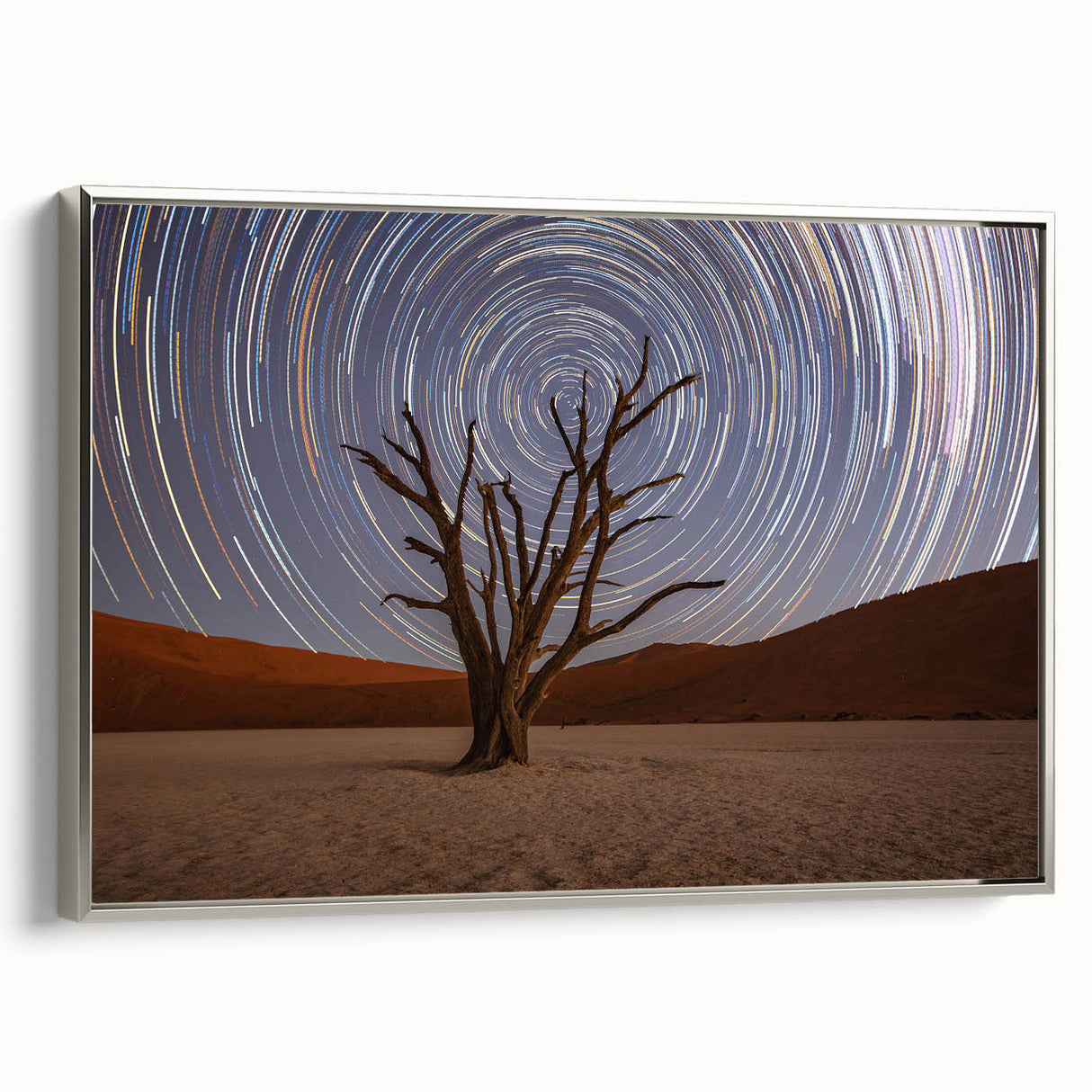 Vintage poster art of a Namibian landscape on a framed canvas, featuring vibrant earth tones, ideal for living room decor.