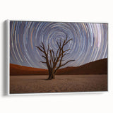Framed canvas depicting a black and white vintage landscape of Namibia, ideal for bedroom wall art.