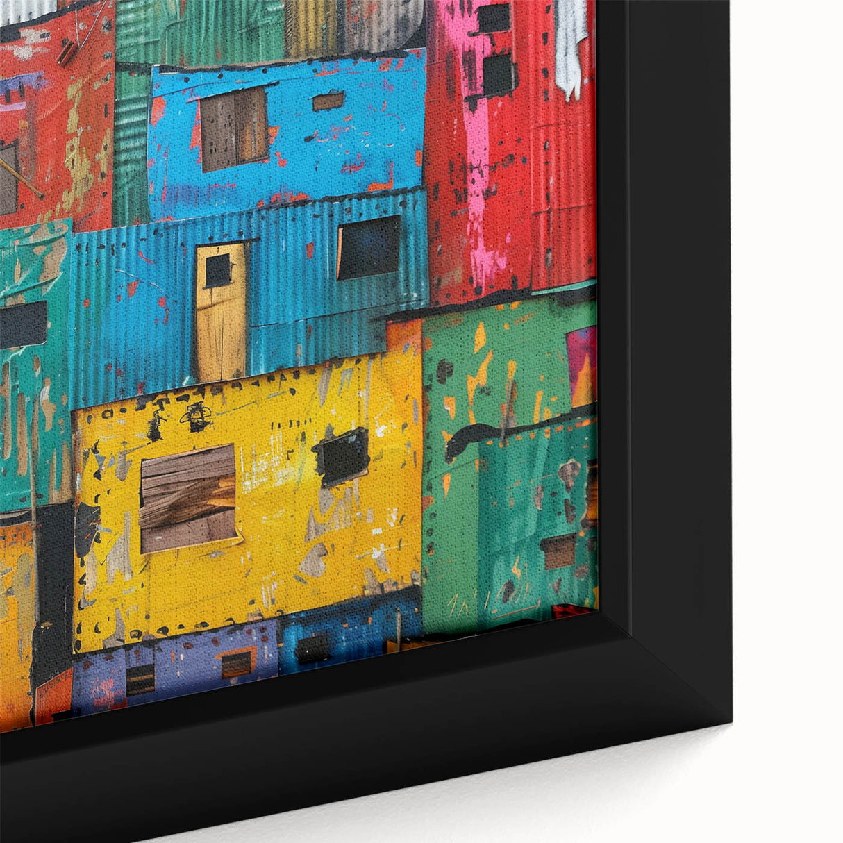 Extra large framed canvas featuring a textured depiction of an African landscape in vibrant, colorful hues.
