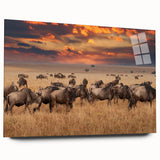 Large abstract wall art of Tanzania scenery in vibrant earth tones on acrylic glass, ideal for bedroom or dining room decor.