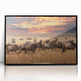 Large abstract wall art depicting a Tanzanian scenery in muted earth tones, framed in black acrylic.