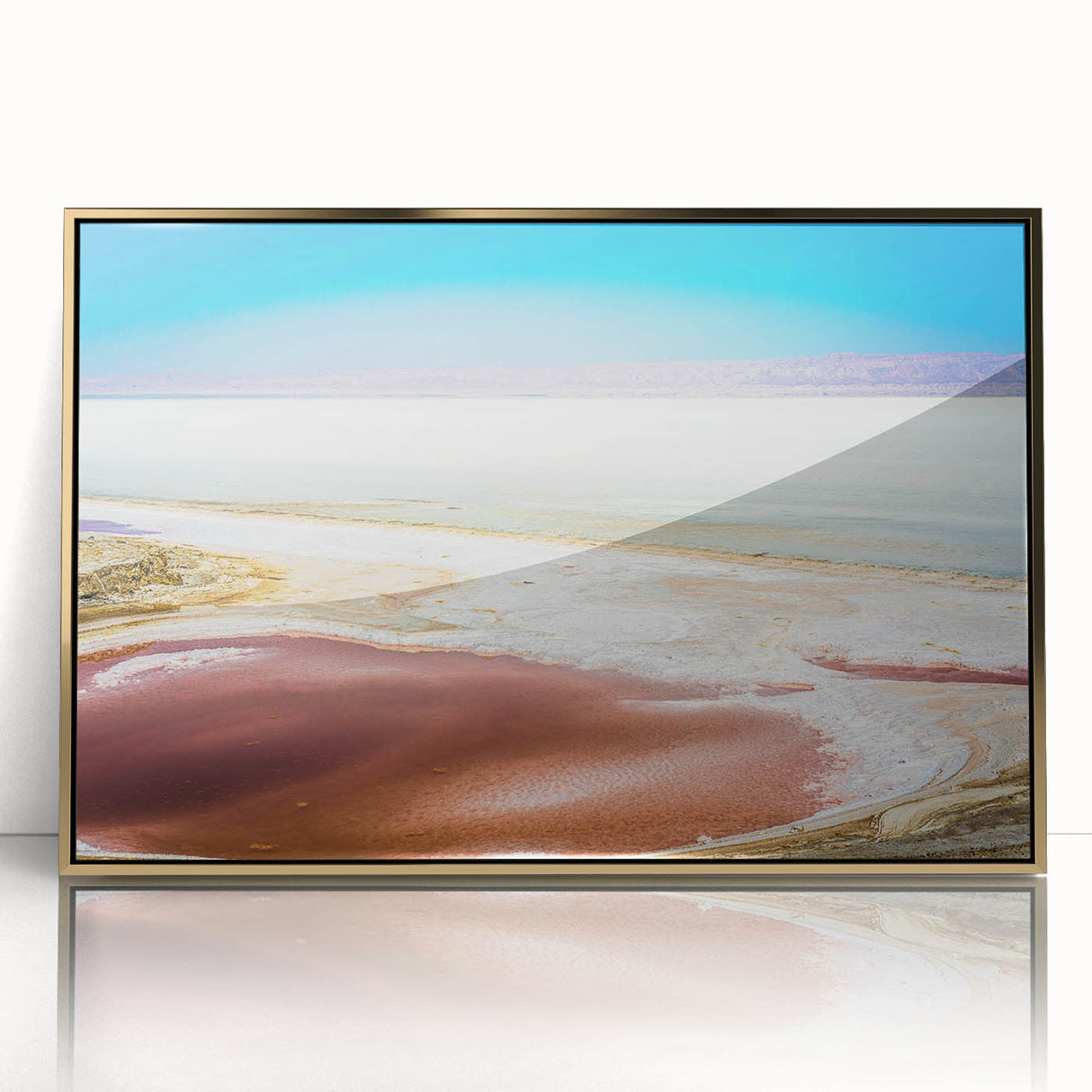 Large art print of a Tunisian landscape in gold tones on framed acrylic, suitable for modern art wall decor.