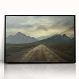 Large abstract wall art depicting a mid-century modernist scene in muted earth tones, framed in black acrylic.