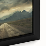 Extra large framed canvas featuring a textured depiction of an Asian landscape in black with colorful accents.