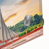 Large abstract wall art in mid-century modernist style, featuring vibrant hues and an acrylic glass format.