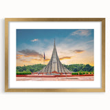 Extra large abstract art print of a serene Bangladesh landscape in muted earth tones, framed in gold.