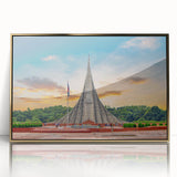 Large art print of a serene Bangladesh scenery in muted greens and blues on a framed acrylic.