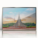 Mid-century modernist art depicting a serene Bangladesh landscape in muted earth tones on a framed acrylic panel.