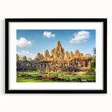 Extra large abstract art print depicting a colorful Cambodian scenery in vibrant hues on a black framed canvas.