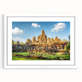 Abstract art print of a Cambodian landscape in muted earth tones on a framed white canvas.