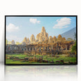 Large abstract wall art depicting a Cambodian scenery in muted earth tones, framed in black acrylic.