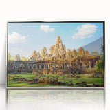 Mid-century modernist art depicting a serene Cambodian landscape in muted earth tones on a framed acrylic panel.