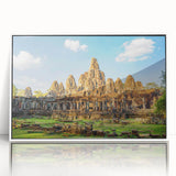 Acrylic print of Cambodian scenery in muted earth tones, framed in white, suitable for modern art wall decor.