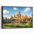 Black and white landscape art painting of a Cambodian scenery on framed canvas, ideal for bedroom wall decor.