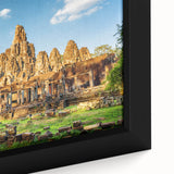Extra large framed canvas of a textured Cambodian landscape in black with colorful accents, ideal for living room decor.