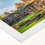 Art deco poster of a Cambodian landscape in muted earth tones on a rolled canvas, ideal for dining room wall art.