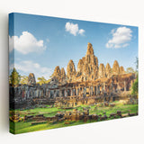 Angkor Wat temple depicted in muted earth tones on a large stretched canvas, suitable for kitchen wall art.