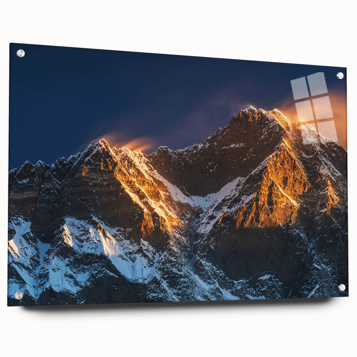 Large abstract wall art depicting a Tibetan landscape in muted earth tones on acrylic glass.