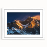 Abstract art print of Tibetan landscape in muted earth tones on a framed white mat, ideal for dining room decor.