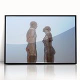 Large abstract wall art depicting a geometric mid-century modernist design in muted earth tones, framed in black acrylic.