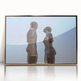 Large art print of a mid-century modernist Asian scenery in muted gold tones, acrylic framed.