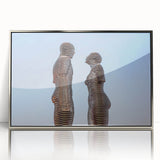 Mid-century modernist art depicting a serene Georgian landscape in soft pastel shades, framed in silver acrylic.