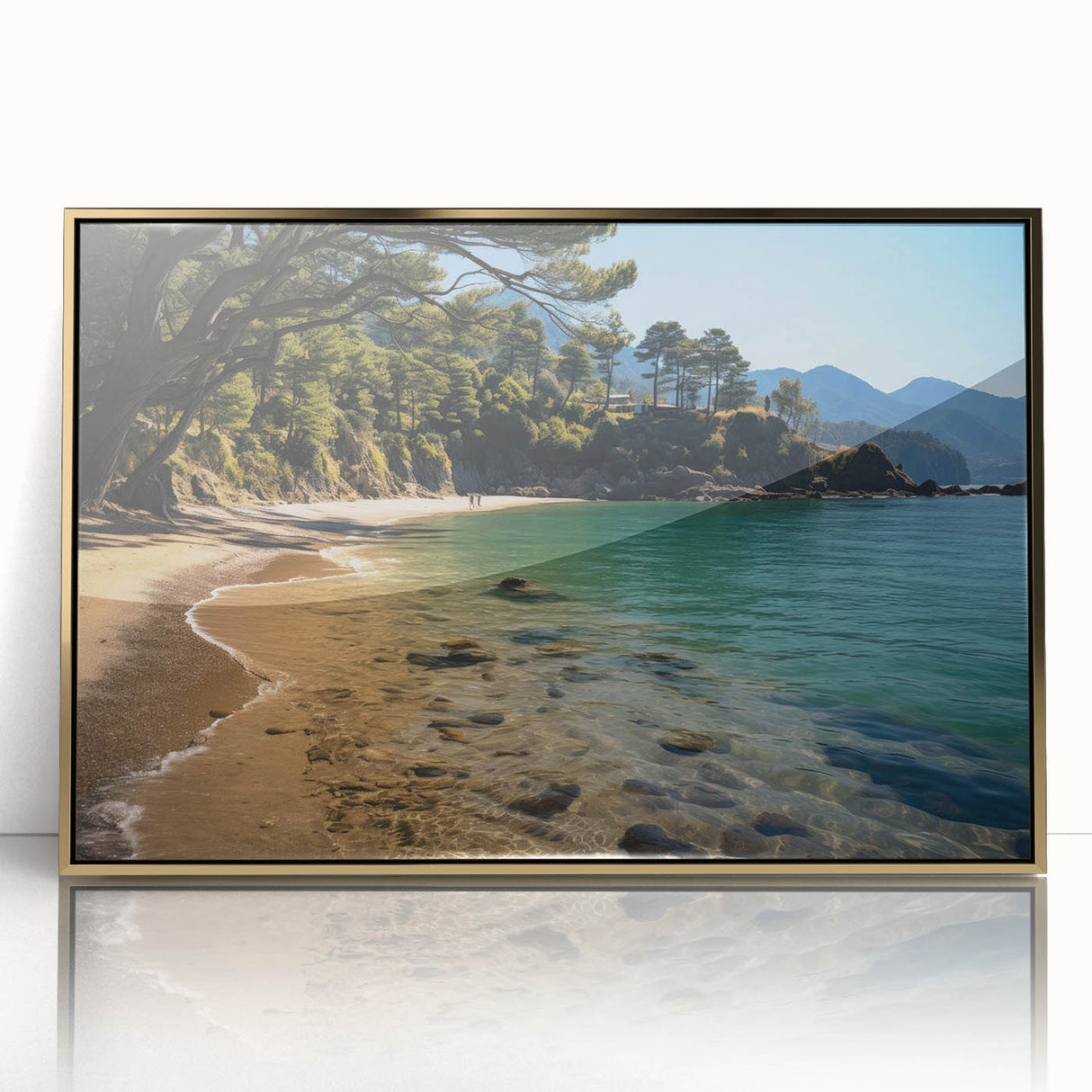 Framed acrylic print of Hong Kong skyline in gold and blue tones, ideal for modern art wall decor.