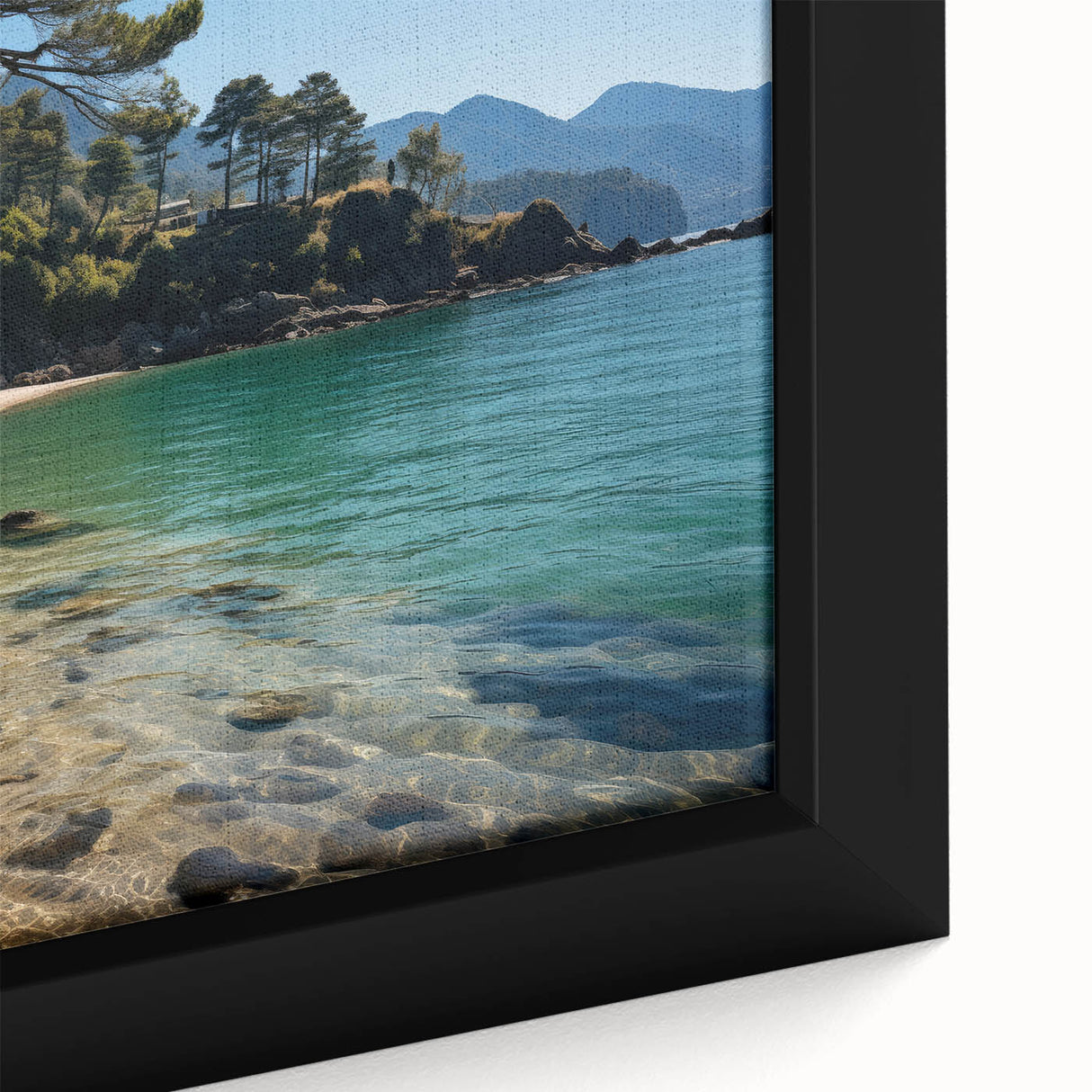 Close-up of a black framed canvas depicting a colorful, textured Hong Kong skyline.