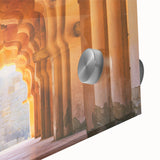 Large abstract wall art depicting an Indian landscape in vibrant orange and red tones on acrylic glass.