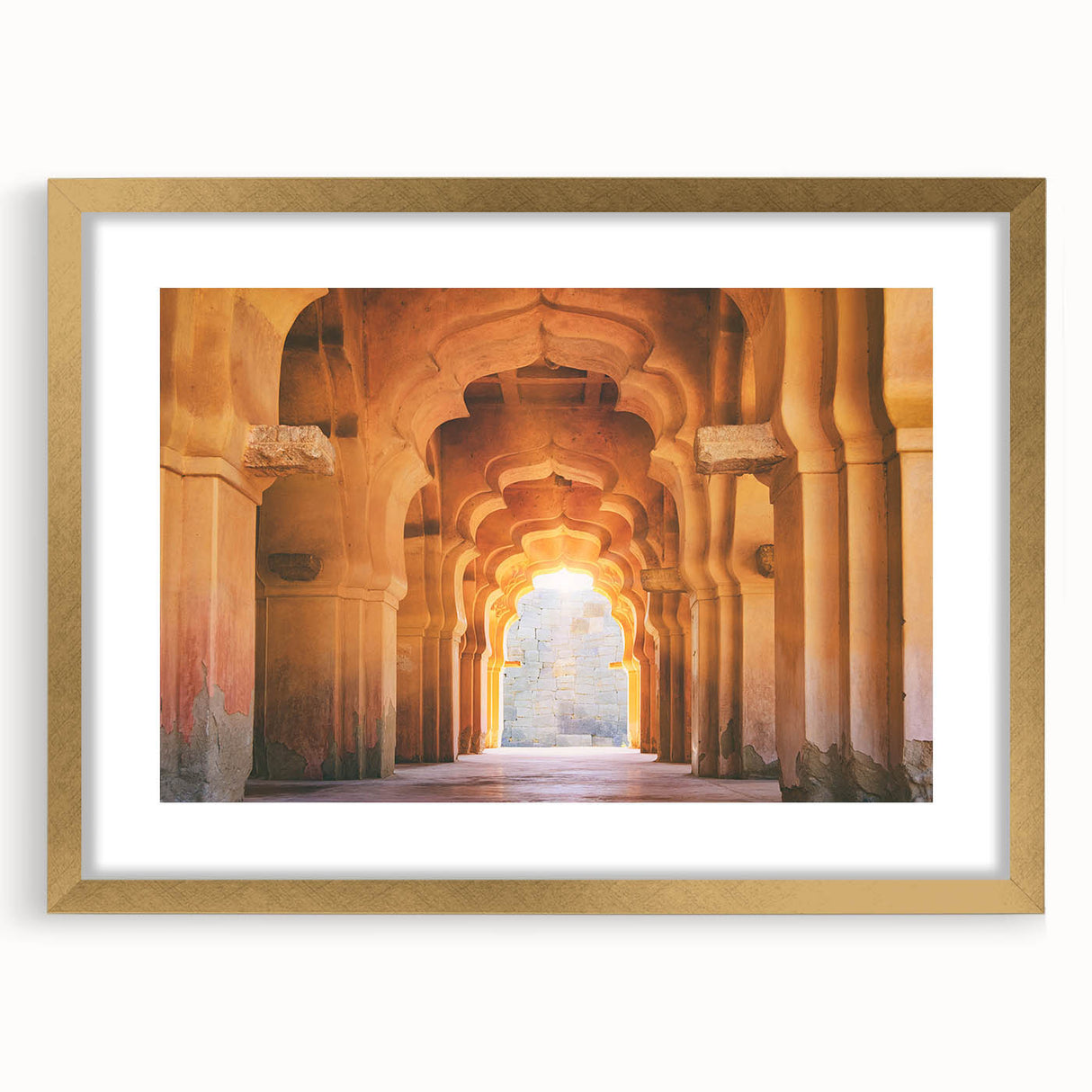 Extra large abstract art print depicting a textured Indian landscape in muted earth tones, framed in gold.
