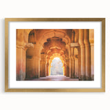 Extra large abstract art print depicting a textured Indian landscape in muted earth tones, framed in gold.