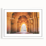 Abstract art print of an Indian landscape in muted earth tones, framed with a white mat, suitable for dining room decor.