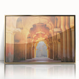 Large acrylic print of a mid-century modernist Indian scenery in gold tones, ideal for modern art wall decor.