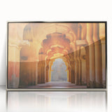 Mid-century modernist art depicting a serene Indian landscape in muted earth tones, framed acrylic.