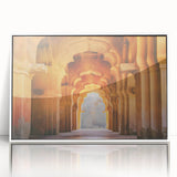 Acrylic print of a serene Indian landscape in muted earth tones, framed in white, suitable for modern art wall decor.