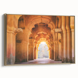 Framed canvas depicting a vintage-style Indian landscape in muted gold and black tones, suitable for bedroom wall art.