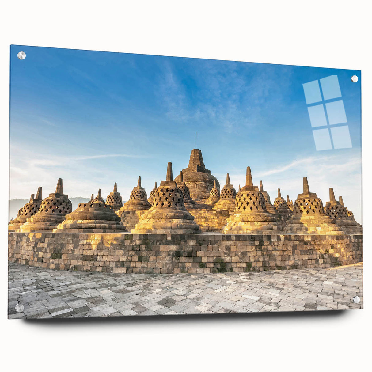 Large abstract wall art depicting a serene Indonesian landscape in muted earth tones on acrylic glass.