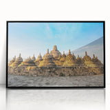 Large abstract wall art featuring a mid-century modernist design of Indonesian scenery in muted earth tones.