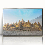 Mid-century modernist art depicting a serene Indonesian landscape in muted earth tones, framed in silver acrylic.