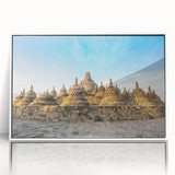 Art deco poster featuring a serene Indonesian landscape in muted green and blue tones, acrylic print framed in white.