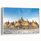 Vintage poster art of an Indonesian landscape in vibrant colors on a large framed canvas, ideal for living room decor.