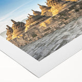 Art deco poster featuring a serene Indonesian landscape in muted green and blue tones on rolled canvas.