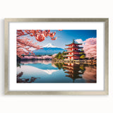 Textured abstract art print of a Kyoto scenery in muted earth tones, framed in silver, ideal for bedroom decor.